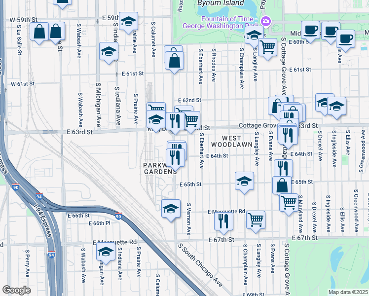map of restaurants, bars, coffee shops, grocery stores, and more near 6342 South Vernon Avenue in Chicago