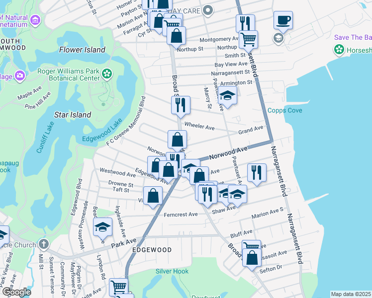 map of restaurants, bars, coffee shops, grocery stores, and more near 1720 Broad Street in Cranston