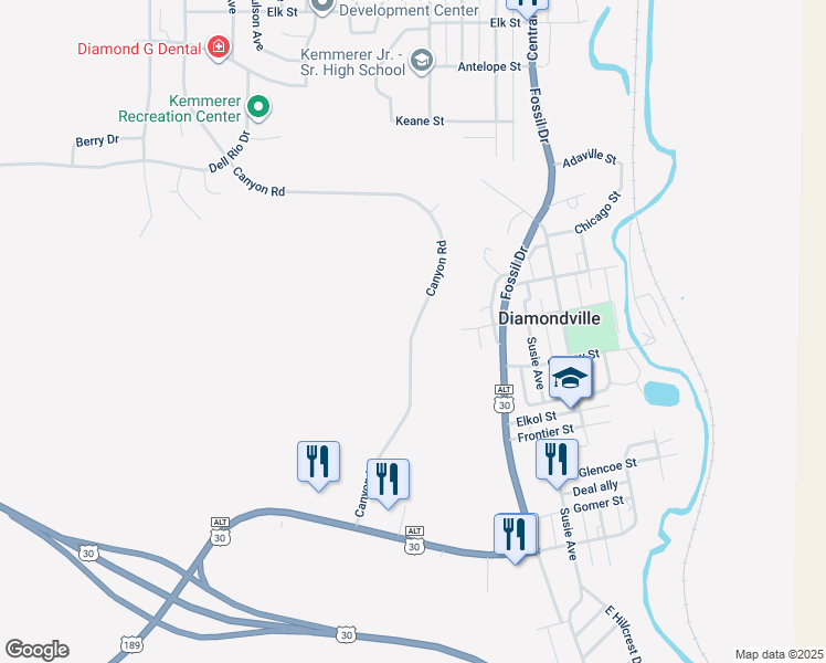 map of restaurants, bars, coffee shops, grocery stores, and more near 728-1198 Canyon Road in Kemmerer