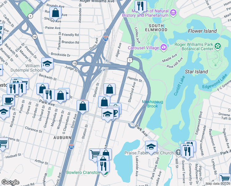 map of restaurants, bars, coffee shops, grocery stores, and more near 60 Thurston Street in Providence