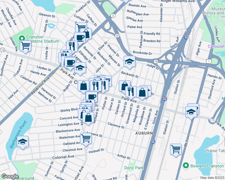 map of restaurants, bars, coffee shops, grocery stores, and more near 53 Grace Street in Cranston