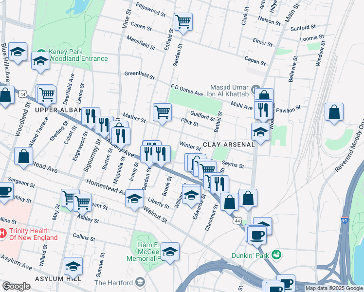 map of restaurants, bars, coffee shops, grocery stores, and more near 127 Mather Street in Hartford