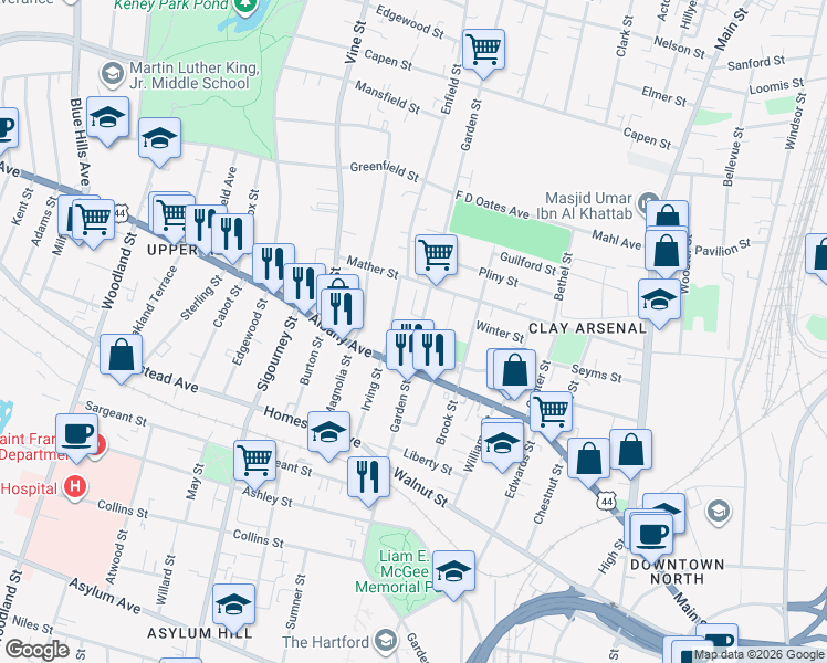 map of restaurants, bars, coffee shops, grocery stores, and more near 377 Garden Street in Hartford