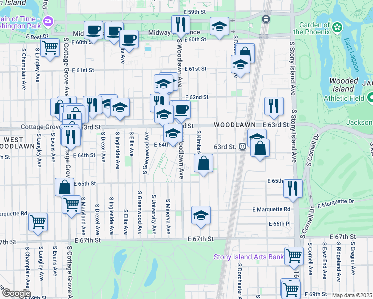 map of restaurants, bars, coffee shops, grocery stores, and more near 6306 South Woodlawn Avenue in Chicago