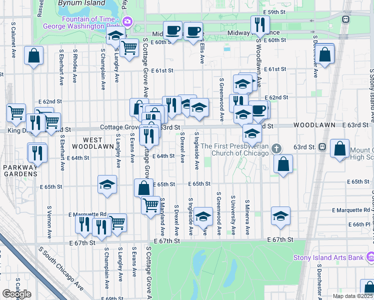 map of restaurants, bars, coffee shops, grocery stores, and more near 6330 South Drexel Avenue in Chicago