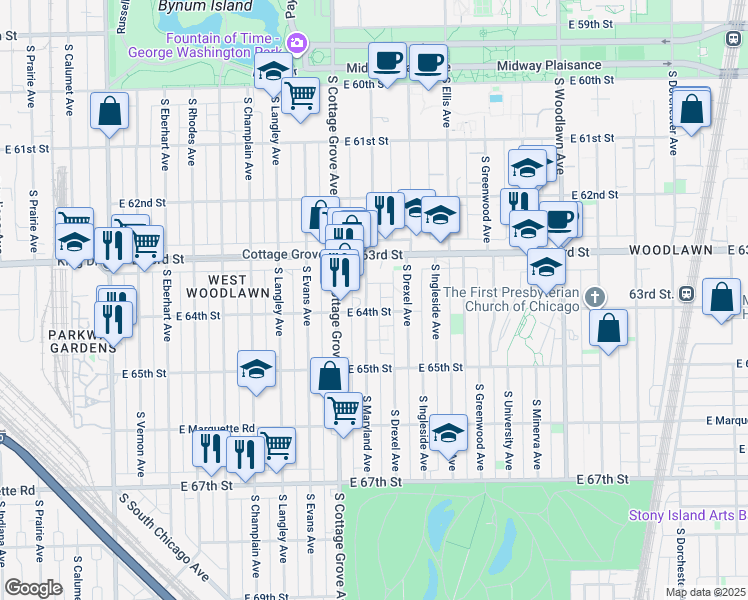 map of restaurants, bars, coffee shops, grocery stores, and more near 6301 South Maryland Avenue in Chicago