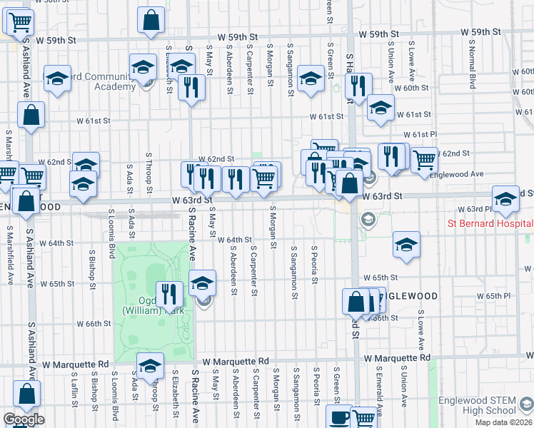 map of restaurants, bars, coffee shops, grocery stores, and more near 955 West 63rd Street in Chicago
