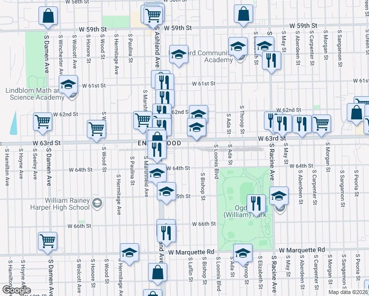 map of restaurants, bars, coffee shops, grocery stores, and more near 1455 West 63rd Street in Chicago