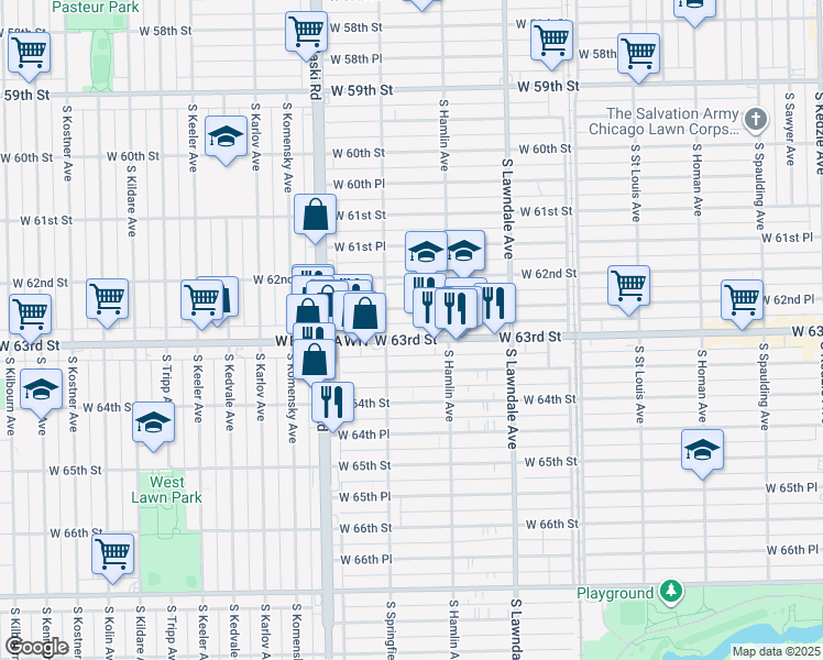 map of restaurants, bars, coffee shops, grocery stores, and more near 3851 West 62nd Place in Chicago
