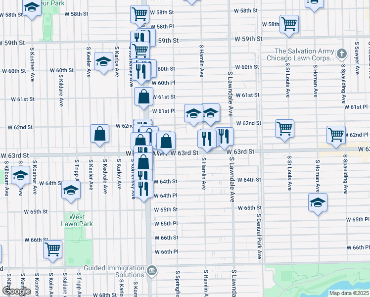 map of restaurants, bars, coffee shops, grocery stores, and more near 3851 West 62nd Place in Chicago