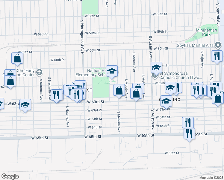 map of restaurants, bars, coffee shops, grocery stores, and more near 6200 South Melvina Avenue in Chicago