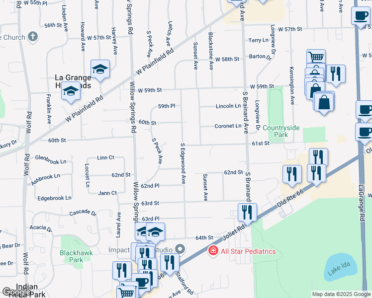 map of restaurants, bars, coffee shops, grocery stores, and more near 6045 South Edgewood Avenue in La Grange Highlands