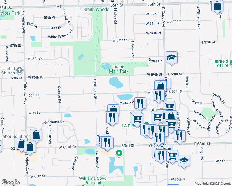 map of restaurants, bars, coffee shops, grocery stores, and more near 200 West 60th Street in Westmont
