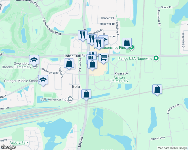 map of restaurants, bars, coffee shops, grocery stores, and more near 1127 North Eola Road in Aurora