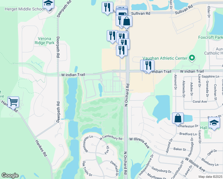 map of restaurants, bars, coffee shops, grocery stores, and more near 2447 Courtyard Circle in Aurora