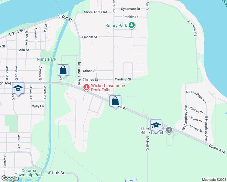 map of restaurants, bars, coffee shops, grocery stores, and more near 439 Martin Road in Rock Falls