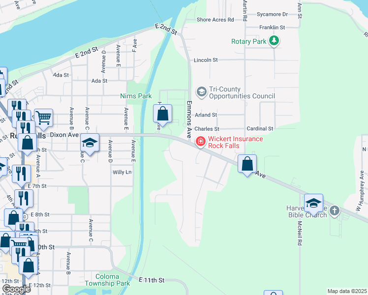 map of restaurants, bars, coffee shops, grocery stores, and more near 908-998 Dixon Avenue in Rock Falls
