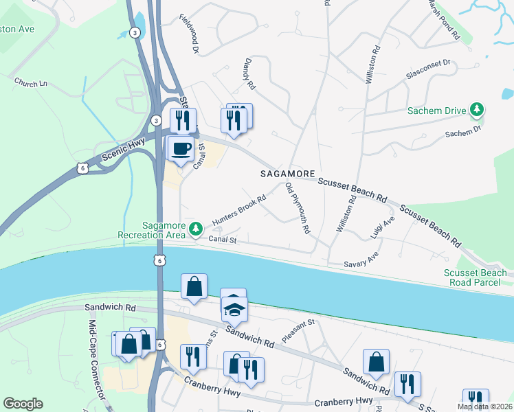 map of restaurants, bars, coffee shops, grocery stores, and more near 6 Pattys Way in Bourne
