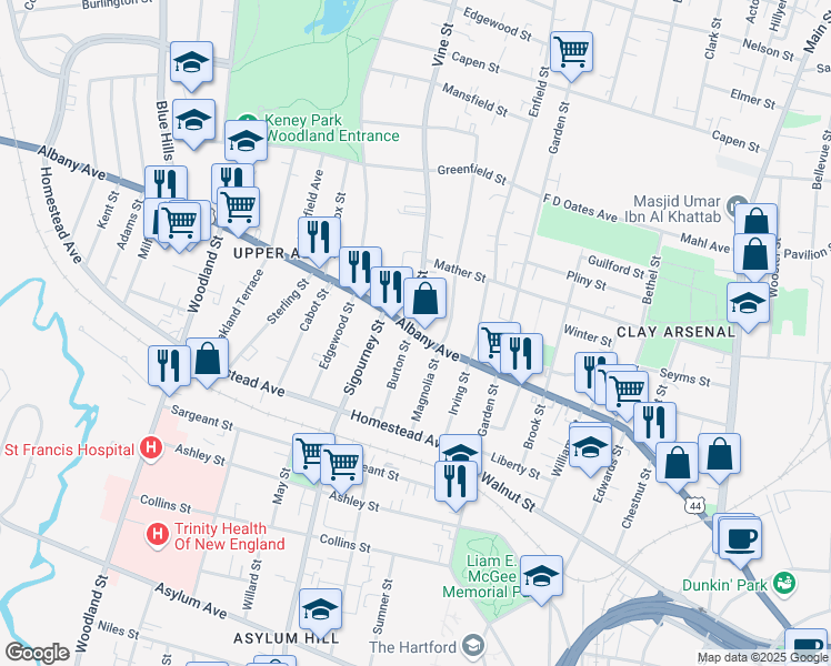 map of restaurants, bars, coffee shops, grocery stores, and more near Albany Avenue & Vine Street in Hartford