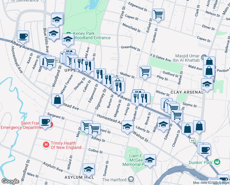 map of restaurants, bars, coffee shops, grocery stores, and more near Albany Avenue & Vine Street in Hartford