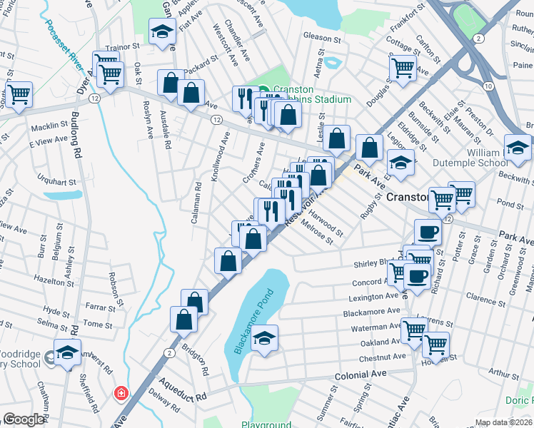 map of restaurants, bars, coffee shops, grocery stores, and more near 40 Stevens Road in Cranston