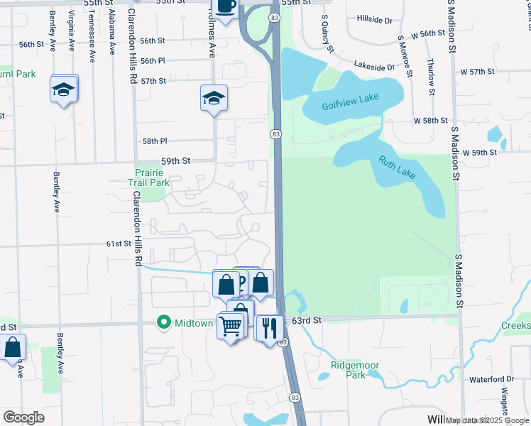 map of restaurants, bars, coffee shops, grocery stores, and more near 6107 Knoll Wood Road in Willowbrook