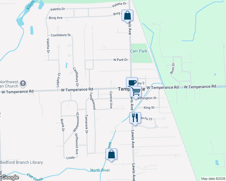 map of restaurants, bars, coffee shops, grocery stores, and more near 1056 West Temperance Road in Temperance