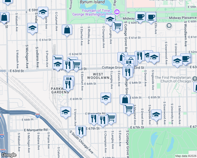 map of restaurants, bars, coffee shops, grocery stores, and more near 6343 South Saint Lawrence Avenue in Chicago