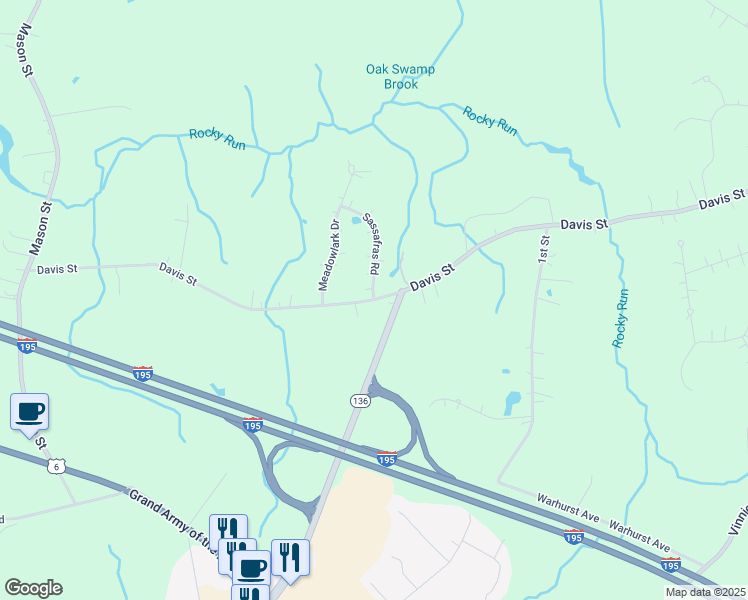 map of restaurants, bars, coffee shops, grocery stores, and more near 1 Sassafras Road in Rehoboth