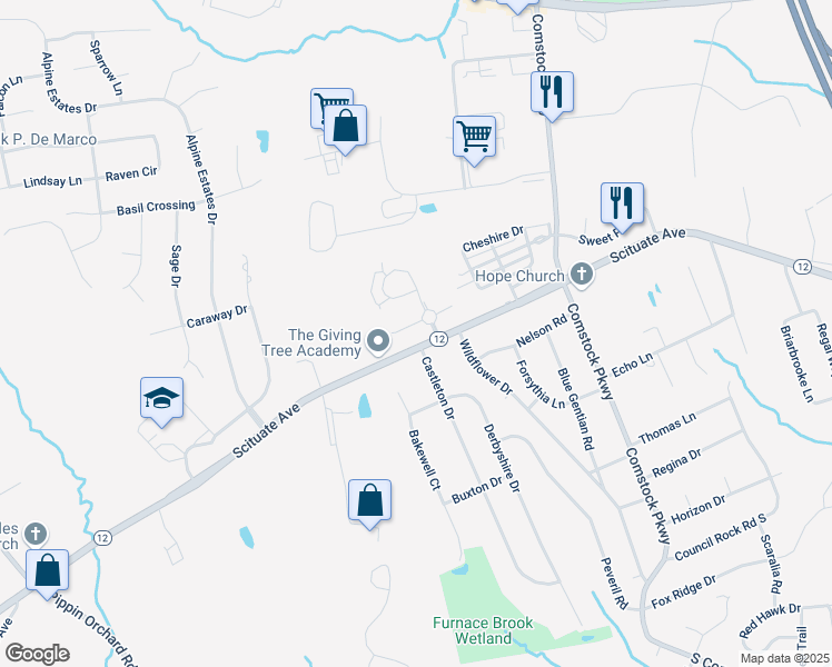 map of restaurants, bars, coffee shops, grocery stores, and more near 16 Gray Coach East in Cranston