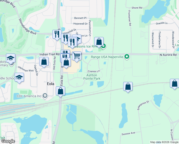 map of restaurants, bars, coffee shops, grocery stores, and more near 3351 Cremin Lane in Aurora