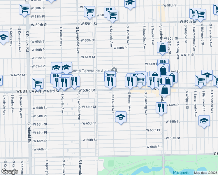 map of restaurants, bars, coffee shops, grocery stores, and more near 3510 West 63rd Street in Chicago