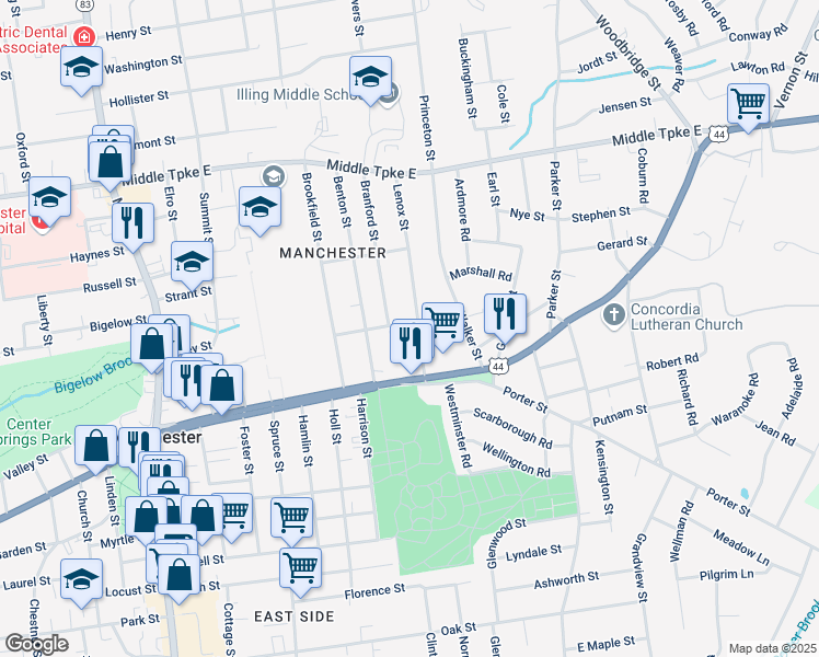 map of restaurants, bars, coffee shops, grocery stores, and more near 56 Lenox Street in Manchester