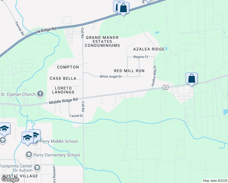 map of restaurants, bars, coffee shops, grocery stores, and more near 4633 Middle Ridge Road in Perry