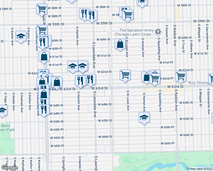 map of restaurants, bars, coffee shops, grocery stores, and more near 3621 West 62nd Place in Chicago