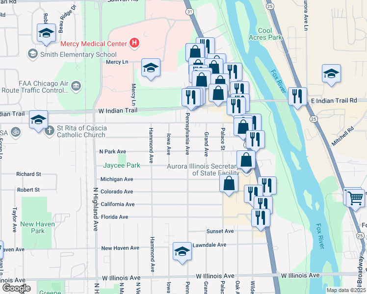 map of restaurants, bars, coffee shops, grocery stores, and more near 370 Lakelawn Boulevard in Aurora