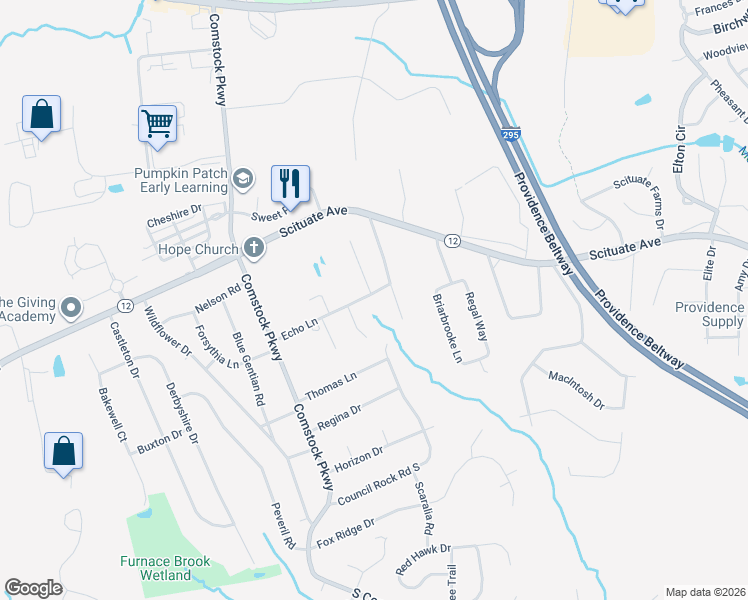 map of restaurants, bars, coffee shops, grocery stores, and more near 103 Echo Lane in Cranston