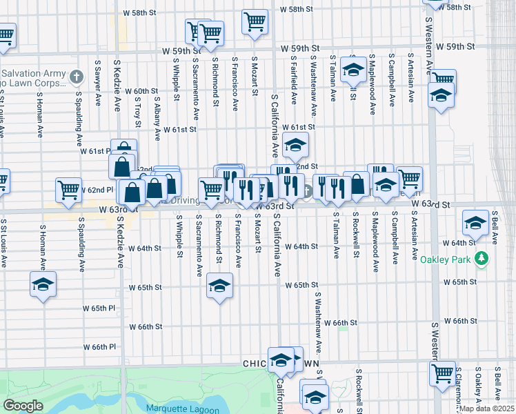 map of restaurants, bars, coffee shops, grocery stores, and more near S Mozart St & W 63rd St in Chicago