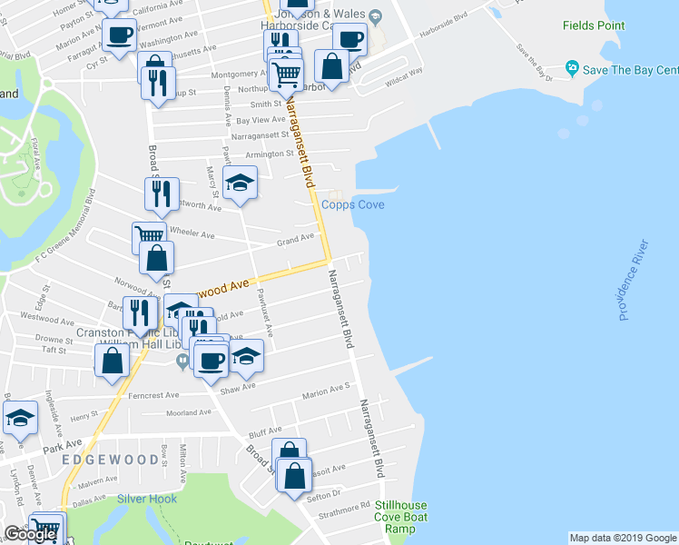 map of restaurants, bars, coffee shops, grocery stores, and more near 1224 Narragansett Boulevard in Cranston