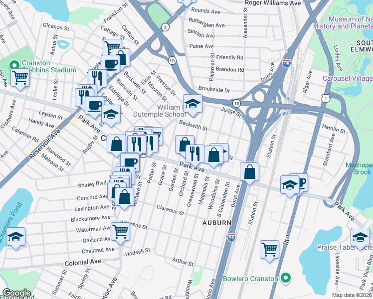 map of restaurants, bars, coffee shops, grocery stores, and more near 82 Garden Street in Cranston