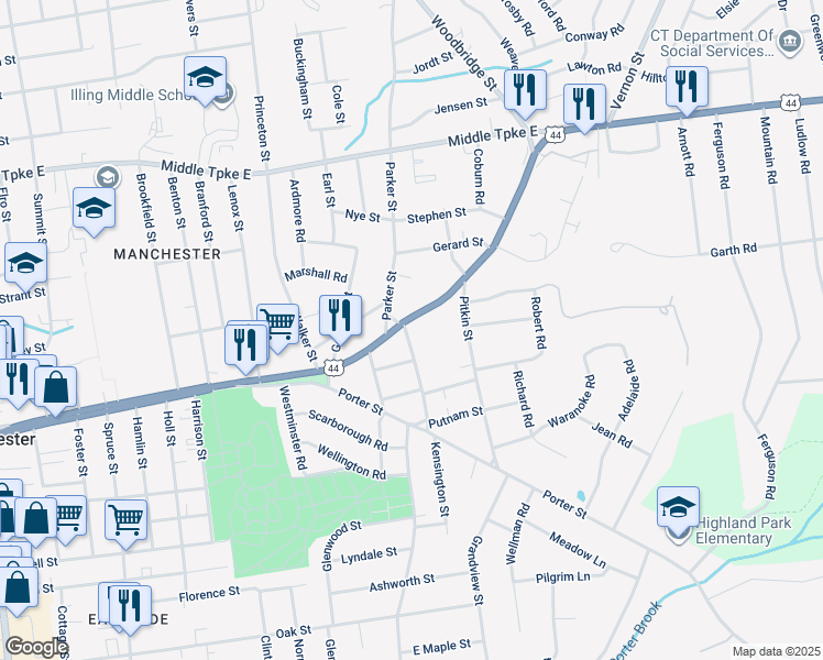 map of restaurants, bars, coffee shops, grocery stores, and more near 413 East Center Street in Manchester