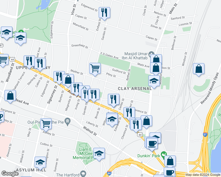 map of restaurants, bars, coffee shops, grocery stores, and more near 127 Mather Street in Hartford