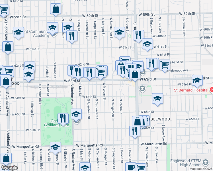 map of restaurants, bars, coffee shops, grocery stores, and more near 955 West 63rd Street in Chicago