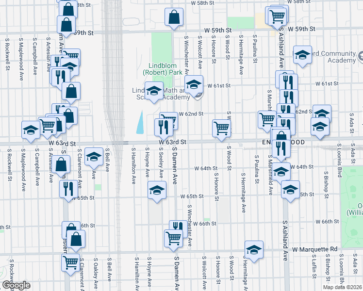 map of restaurants, bars, coffee shops, grocery stores, and more near 1950 West 63rd Street in Chicago