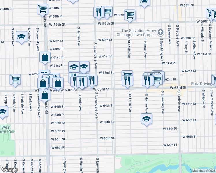 map of restaurants, bars, coffee shops, grocery stores, and more near 3621 West 62nd Place in Chicago