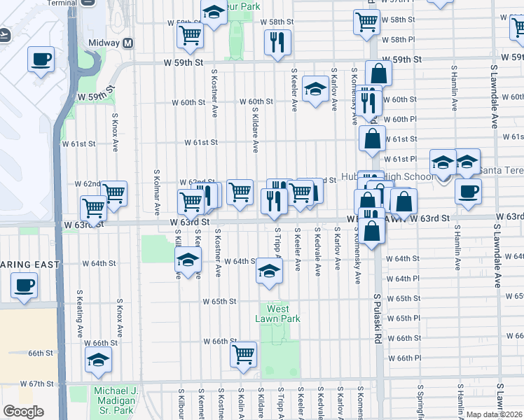 map of restaurants, bars, coffee shops, grocery stores, and more near 6228 South Kildare Avenue in Chicago
