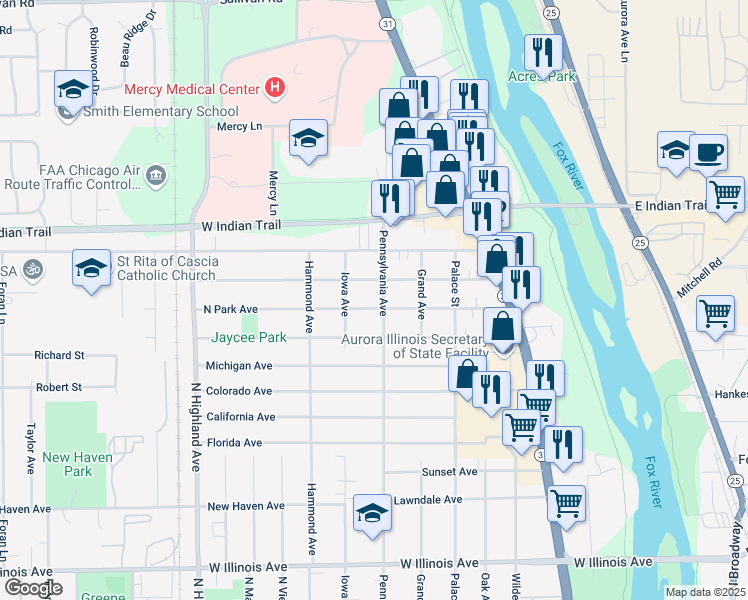 map of restaurants, bars, coffee shops, grocery stores, and more near 370 Lakelawn Boulevard in Aurora