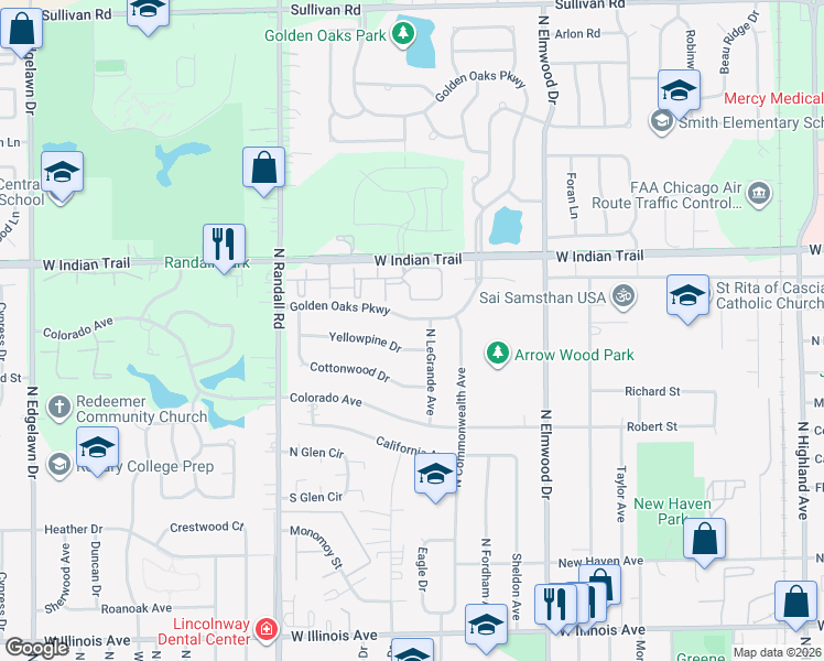 map of restaurants, bars, coffee shops, grocery stores, and more near 1124 Golden Oaks Parkway in Aurora
