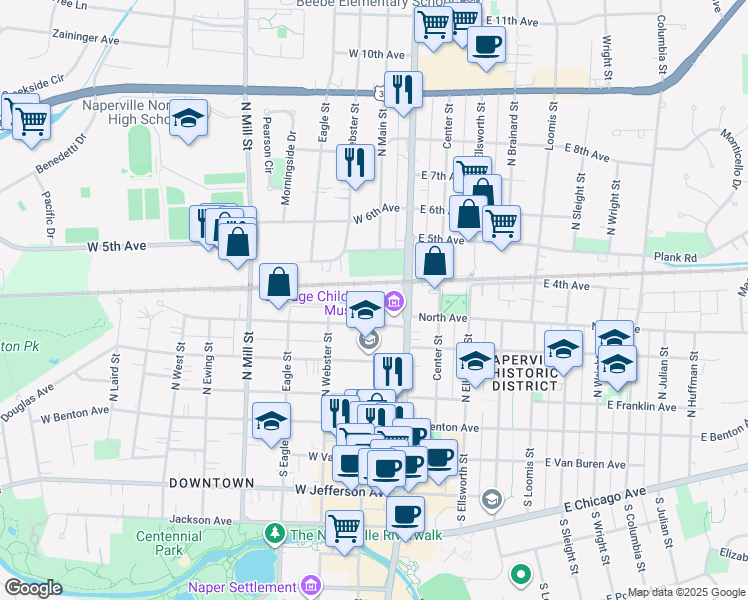 map of restaurants, bars, coffee shops, grocery stores, and more near 336 Big Rail Drive in Naperville