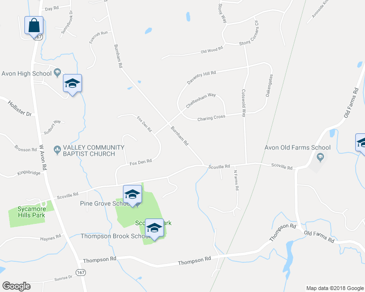 map of restaurants, bars, coffee shops, grocery stores, and more near 263 Burnham Road in Avon